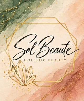 Sol Beaute Holistic Beauty logo with watercolor sage and rose, a gold geometric frame and crystals